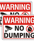 No Nonsense Heavy Duty No Dumping Signs 2 Pack Stand Your Ground On Private Property Video Surveillance Alert Reflective Aluminum Weatherproof Built Like A Tank 10X7 Red White showing warning signs with cameras and no dumping icons.