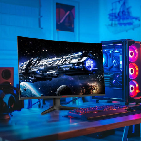 Massive 32 Inch Curved Qhd Gaming Monitor Serving Crisp 1440p Detail With A Smoking 170Hz Refresh Rate and Snappy 1Ms Response in a gaming setup.