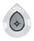 Clear teardrop-shaped crystal award with engraved star pattern, viewed from above.