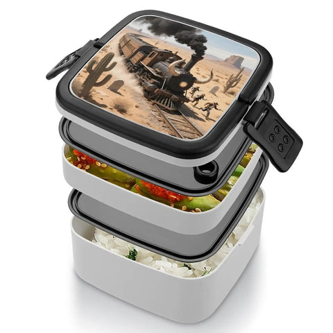 Desert Steam Train Themed Bento Box With Compartments Leakproof Double Layer Lunch Container With Spoon Snap On Lid
