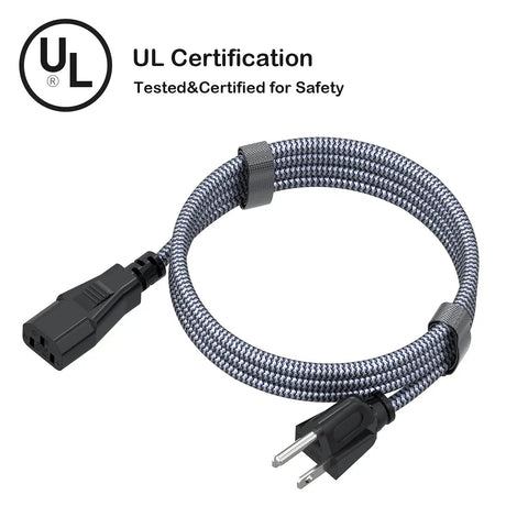 Heavy Duty 10A 18AWG Nylon Braided 10 Ft AC Power Cord 3 Prong Replacement Cable For Computer TV Monitor Printer Projector And Power Supply UL Listed