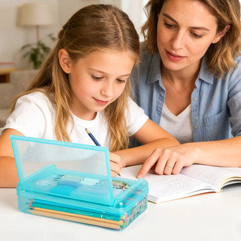 Child using blue version of Double Layer Clear Hard Pencil Case With Snap Tight Lid For Pens Pencils Markers Crayons And Other School Office Supplies