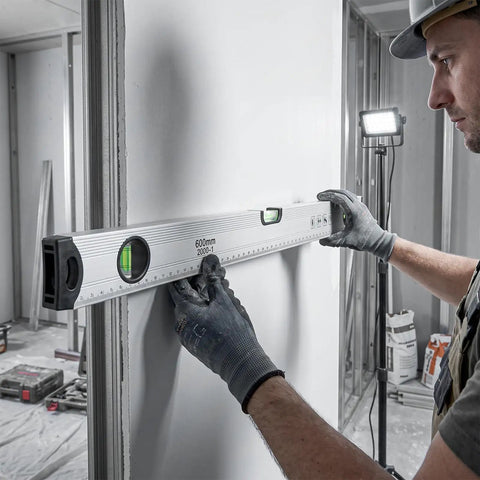 Person using LYIYEYAN 24-Inch Magnetic Torpedo Spirit Level, Heavy Duty Ruler for Carpen on drywall with gloves.