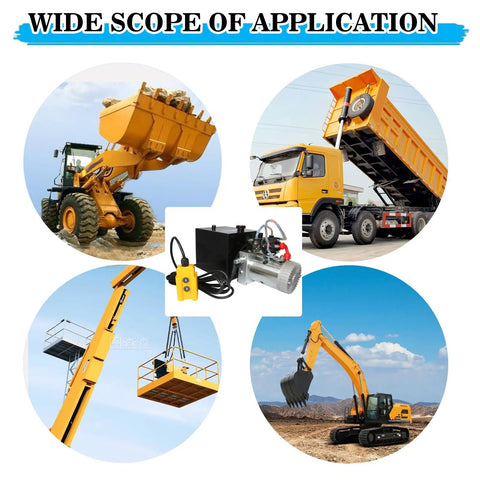 12V Hydraulic Power Unit With 10 Quart Reservoir Double Acting Pump For Dump Trailers And DIY Hydraulic Systems High Pressure 3200 PSI Electric Hydraulic Pump Built Tough For Lifting Heavy Machinery. Wide scope of application featuring construction vehicles and lift systems.