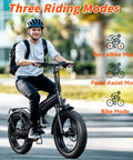 Adult riding Kickin Folding Electric Bike For Adults With 1200W Peak Motor 48V 15Ah Removable Battery on a sunny day illustrating three modes