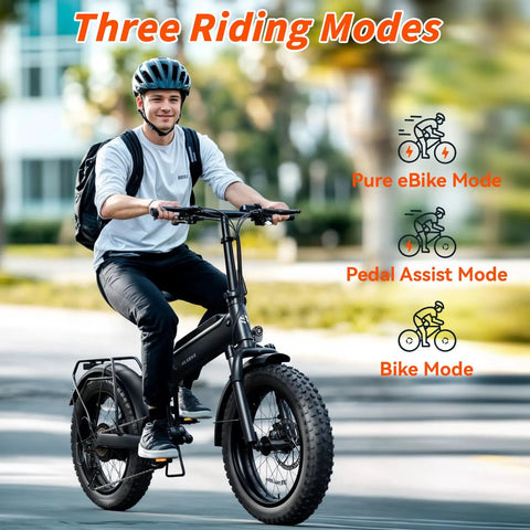 Adult riding Kickin Folding Electric Bike For Adults With 1200W Peak Motor 48V 15Ah Removable Battery on a sunny day illustrating three modes