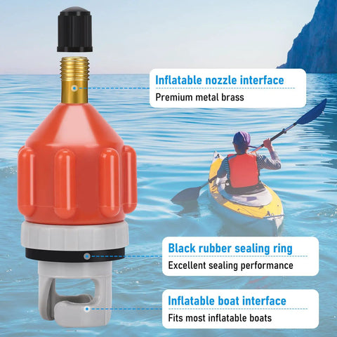 2 Pack SUP Pump Adapter Set for Stand Up Paddle Boards and Kayaks, showing orange adapter and kayak on water