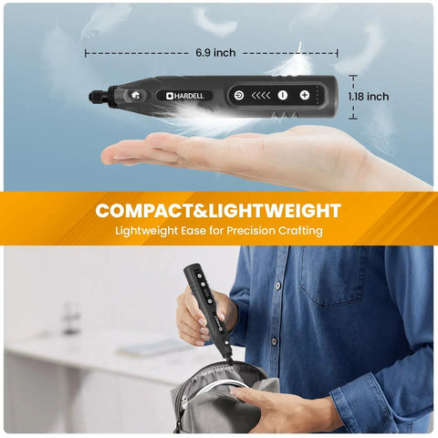 Mini 4V Cordless Rotary Tool With Five Speeds And LED Light 2000mAh Battery in hand for portability demonstration