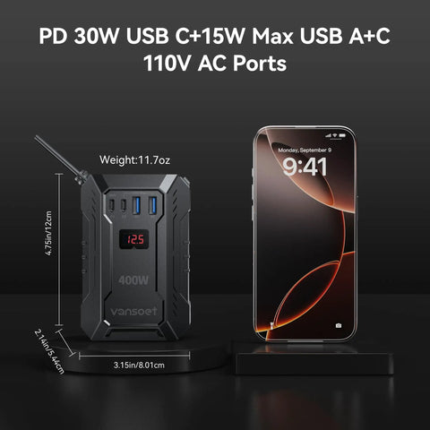 400W Car Power Inverter DC To AC Converter With PD Charging Ports and Dual US Outlets on a display next to a smartphone.