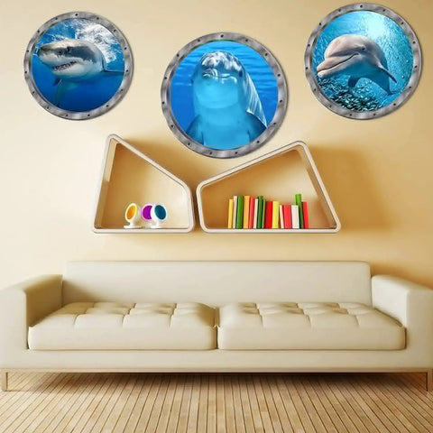 9 Piece Ocean Animals Wall Sticker Set With 3D Look Removable Peel And Stick Vinyl Decals on living room wall featuring marine life