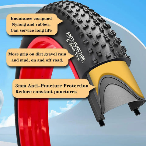 26x4.0 Inch Beefy Fat Bike Tire And Tube For Electric Bikes Foldable Replacement Tire All Terrain Mountain Snow Urban City Street Road Bicycle Anti Puncture Layer Durable Nylon And Rubber Construction, black tread tire and tube