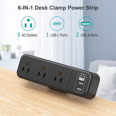 Desk Clamp Power Strip With USB C And USB Ports, 3 Outlets, Desktop Mount Power Station on a table edge, black, interior scene.