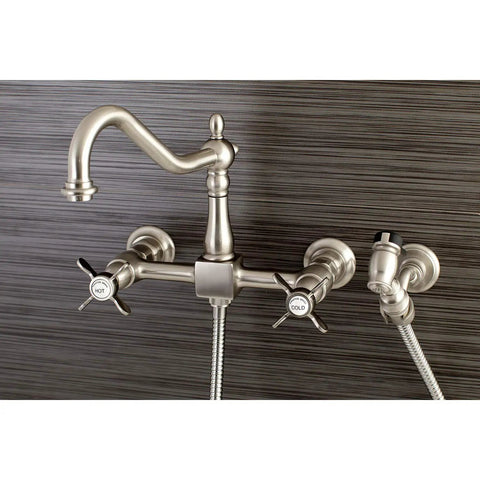 Super Stylish Victorian Inspired Wall Mount Bridge Kitchen Faucet With Solid Brass Build And Handy Brass Side Sprayer In Brushed Nickel