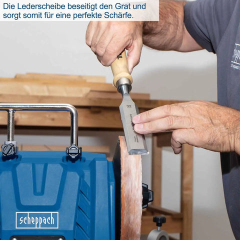 User sharpening a chisel using Heavy Duty Workhorse 150W Water Cooled Bench Sharpener with leather wheel for perfect edges.