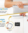 Two Pack Extra Large 9.5L Food Storage Canisters With Airtight Lids For Flour Sugar Rice Cereal Pasta BPA Free Leakproof Bulk Containers For Kitchen Pantry Organization, showing snap and lock lid feature.