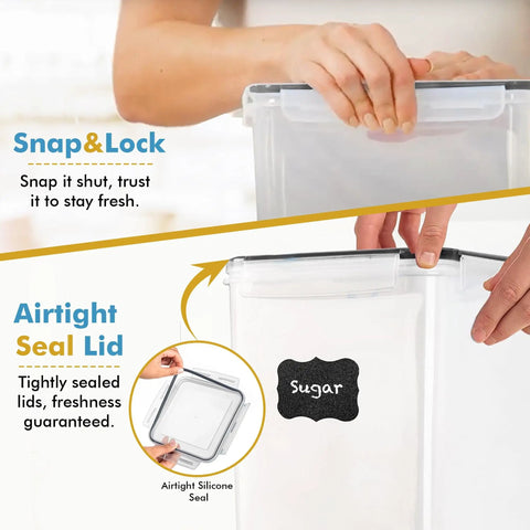 Two Pack Extra Large 9.5L Food Storage Canisters With Airtight Lids For Flour Sugar Rice Cereal Pasta BPA Free Leakproof Bulk Containers For Kitchen Pantry Organization, showing snap and lock lid feature.