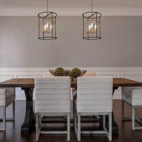Dining room with Dope Black And Gold Three Light Drum Pendant Chandelier With Height Adjustable Rods, wooden table, and white chairs.