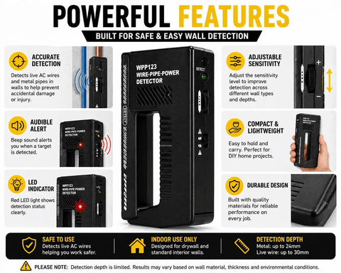 Handheld Wire And Pipe Detector With No Sweat Air Calibration And Adjustable Sensitivity For Snagging Hidden Live AC Wires And Metal Pipes Behind Drywall Like A Seasoned Handyman