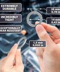 Person holding 14mm aluminum oil drain plug washer with size details, Premium 15 Pack Oil Drain Plug Crush Washers 14mm Replacement Gasket Seal For Hyundai And Kia Cars Aluminum Alloy Construction OEM 21513 23001 Compatible With Most Models 2001 To 2022 Quality Maintenance Kit For DIYers.
