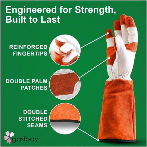 Long Sleeve Leather Gardening Gloves For Women And Men, Thornproof Puncture Resistant Cowhide Work Gloves For Heavy Duty Yard Work, Pruning, Landscaping, Welding, And Construction Tasks with reinforced fingertips and double palm patches, side view.