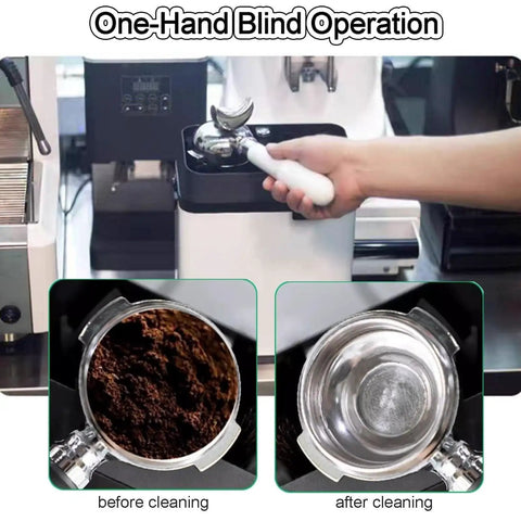 Heavy Duty Electric Coffee Portafilter Knock Box, Automatic Barista Cleanup Station with one-hand operation and clean portafilter.