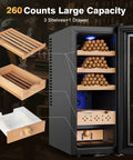 Open view of Electric Cigar Humidor Cabinet With 35L Capacity Precise Temperature And Humidity Control showing shelves and cigars.