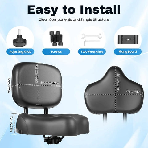 Wide Comfy Bike Seat With Backrest Padded PU Cushion Adjustable Height Leather Saddle Pad For City Commuter Electric Bikes And Tricycles Pain Free Rides And Easy All Day Comfy On Every Ride. Installation parts and size diagram