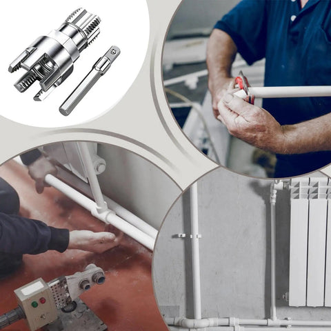 Pro Grade Alloy Pipe Threader And Trimmer, Internal External Wall Cutter With Smooth Deburring Edge in use during plumbing.