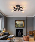 4-Light Black Semi Flush Mount Ceiling Light Fixture With Dope Industrial Farmhouse Metal Design in modern living room