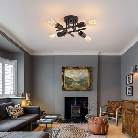 4-Light Black Semi Flush Mount Ceiling Light Fixture With Dope Industrial Farmhouse Metal Design in modern living room