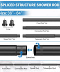 Black Adjustable Shower Curtain Rod 36 To 84 Inches Stainless Steel Non Rust Spring Tension No Drilling Non Slip Durable Waterproof Finish Easy Install For Bathroom And Window spliced structure diagram showing fixed, connected, spare, and telescopic rods with finials.
