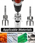 Three-Piece PVC Pipe Threader Kit With Internal And External Threading Heads For One-Half Inch, Three-Quarter Inch And One-Inch NPT, Electric Drill Compatible shown with pipes