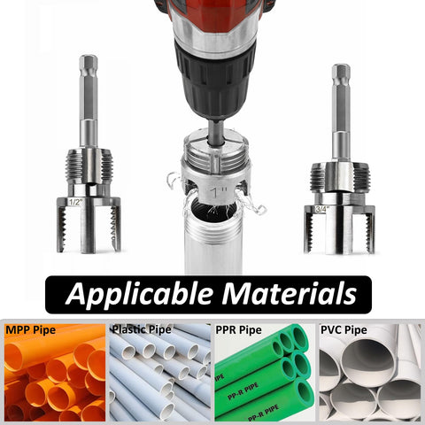 Three-Piece PVC Pipe Threader Kit With Internal And External Threading Heads For One-Half Inch, Three-Quarter Inch And One-Inch NPT, Electric Drill Compatible shown with pipes