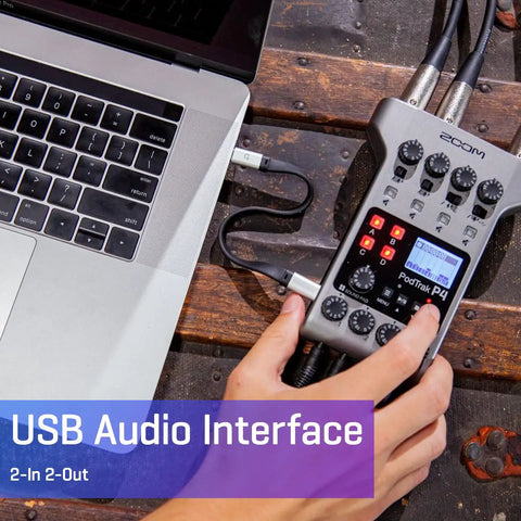 Person connecting PodTrak P4 Dope Podcast Recorder With 4 XLR Mic Inputs, 4 Headphone Outputs, to laptop via USB interface.