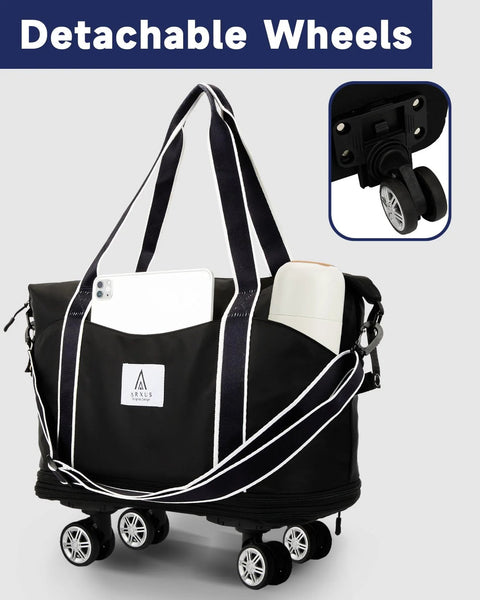 Front view of Arxus black nylon rolling duffle bag with detachable wheels and adjustable shoulder strap