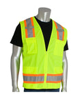 Built Different Ansi Class 2 High Vis Surveyors Vest Bright Yellow with reflective stripes and pockets on display