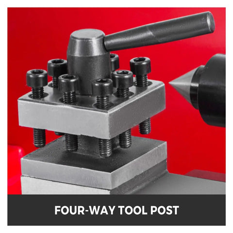 Close-up of the four-way tool post on Heavy Duty 7X12 Inch Mini Metal Lathe With 550W Variable Speed Motor.