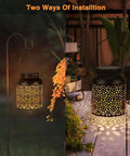 Outdoor Solar Lanterns Pack of 2 Waterproof Hanging Lanterns With Handles illuminating a garden scene at night