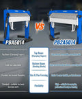 Comparison of PBA5014 and PB2A5014 Pan and Box Brakes with clamping gears and segmented fingers for sheet metal bending.
