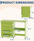 Product dimensions of Slick Fold Up Sewing Table With Built In Charging Port And Smooth Rolling Lockable Wheels, showing size measurements.