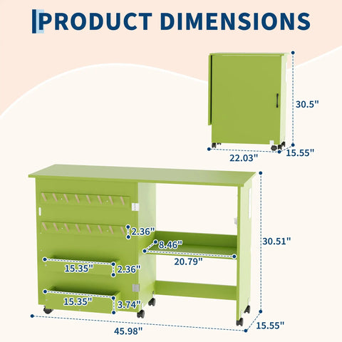 Product dimensions of Slick Fold Up Sewing Table With Built In Charging Port And Smooth Rolling Lockable Wheels, showing size measurements.