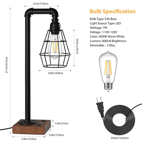 Industrial Style Touch Control Table Lamp With LED Bulb Included, 3 Way Dimmer, 2 USB Ports And AC Outlet, Metal Cage Shade