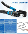 Heavy Duty 10 Ton Hydraulic Crimping Tool Kit With 13 Dies, Battery Cable Crimper For Twelve Through Two Zero AWG, Wire Rope Crimping Tool For Stainless Steel Cable Railing Hardware, Includes Case, Wrenches, And Seals with specifications and components