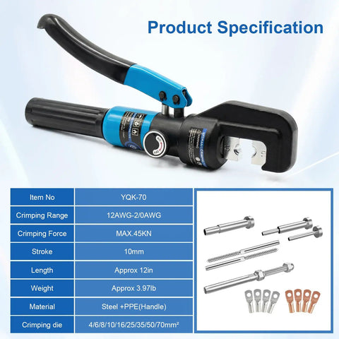 Heavy Duty 10 Ton Hydraulic Crimping Tool Kit With 13 Dies, Battery Cable Crimper For Twelve Through Two Zero AWG, Wire Rope Crimping Tool For Stainless Steel Cable Railing Hardware, Includes Case, Wrenches, And Seals with specifications and components