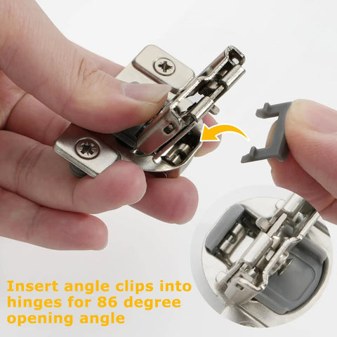 30 Pack Cabinet Door Angle Restriction Clips For 90 Degree Limit To Prevent Slamming And Wall Dings with hinge installation detail.