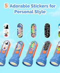 Kid Friendly Rechargeable LED Flashlight With Fun DIY Stickers, 6 styles shown; blue and orange design with cartoon decals.