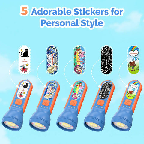 Kid Friendly Rechargeable LED Flashlight With Fun DIY Stickers, 6 styles shown; blue and orange design with cartoon decals.