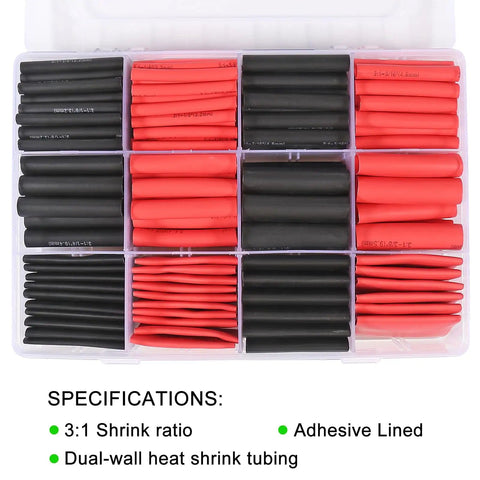 Assorted Heavy Duty Heat Shrink Tubing Kit 220 Pcs 3 To 1 Adhesive Lined Marine Grade Black And Red in plastic case