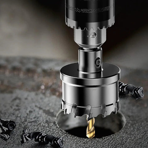 Heavy Duty 3 Inch TCT Hole Saw Kit With Tungsten Carbide Blades drilling through metal with a titanium pilot drill bit.