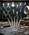Five Piece Silver Movement Watch Stem Crown Kit For NH35 NH36 NH38 NH39 Movements Replacement Parts Set displayed on table.